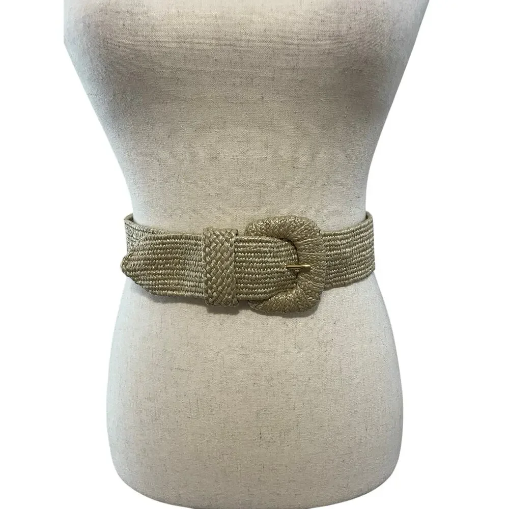 Vintage Women’s 80s Wide Tan Boho Woven Belt Stretch Adjustable S/M